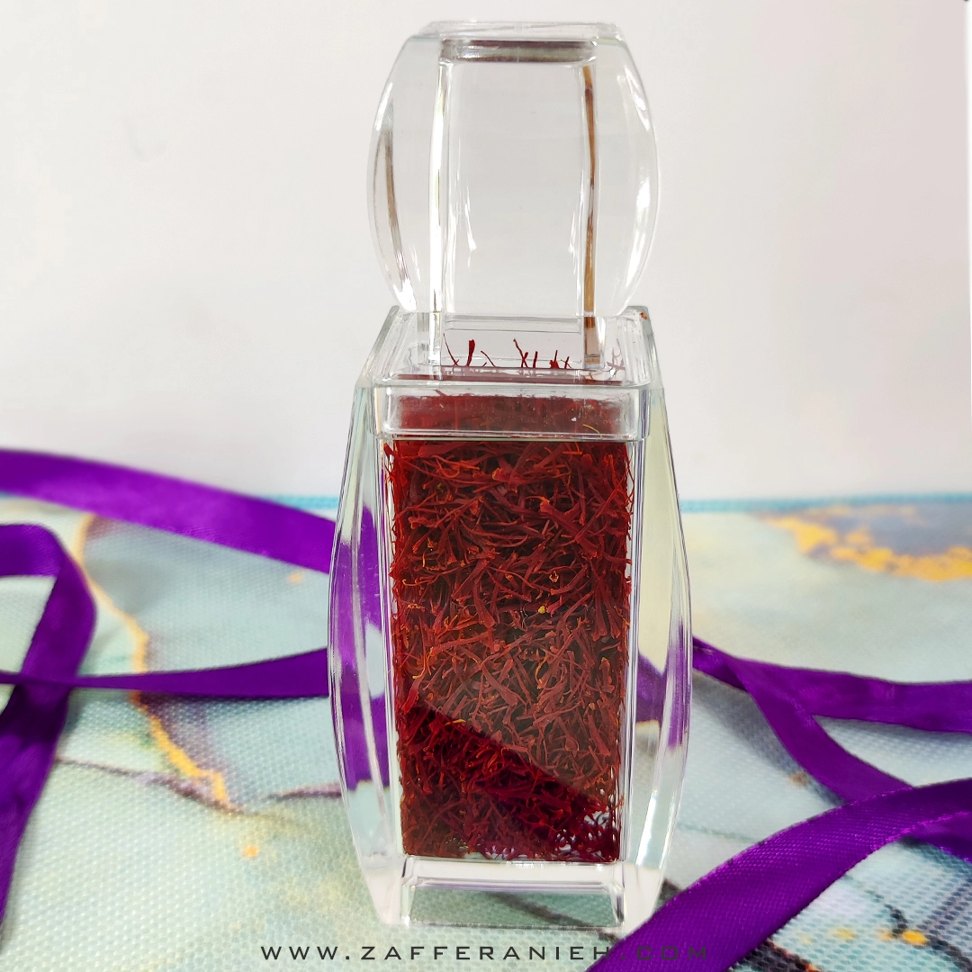 خرید زعفران اصل سرگل قائنات در بسته بندی آذین پلی کریستال در تهران و مشهد