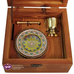 خرید و قیمت جعبه هدیه چوبی زعفران و هاون با طرح ایرانی در تهران